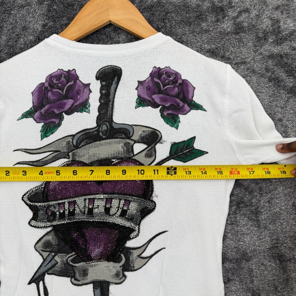 Sinful by Affliction Womens White Thermal Shirt Medium Rose‎ Skull Rhinestone - Picture 7 of 8